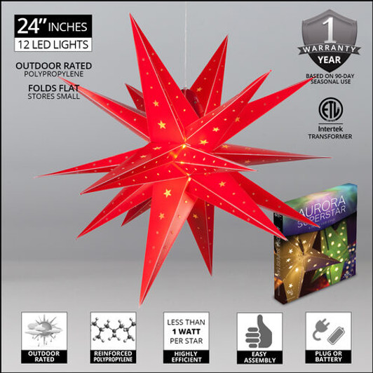 Red Aurora Superstar™ Moravian Star Light, Fold-Flat, Holiday LED Lights, Outdoor Rated 24" Red Aurora Superstar™ Moravian Star Light, Fold-Flat, Holiday LED Lights, Outdoor Rated 24"