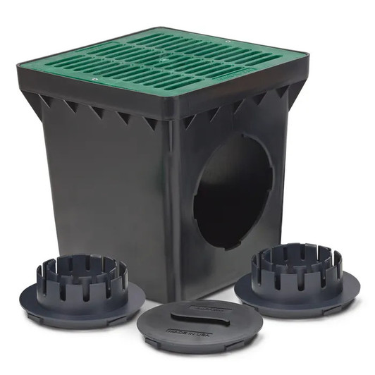 DB12KITG - 12 Inch Drainage Basin Kit with 2 Outlets, 12 Inch Flat Green Grate and Adapters