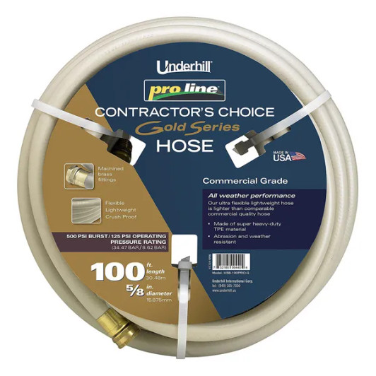 Underhill Proline Gold Series Commercial Garden Water Hose 100 ft, Lightweight, Heavy-Duty, Flexible, Kink Free, Industrial, 500 psi, H58-100PR0-G 5/8" x 100', Gold