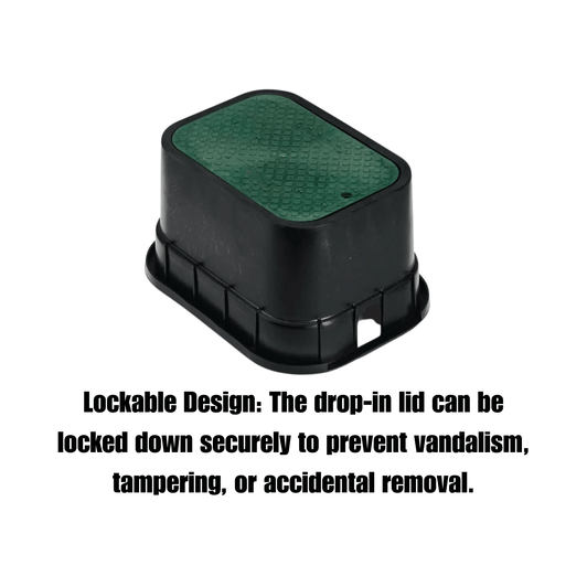 Rain Bird Jumbo Valve Box infographic showing secure lockable design MPN: PVBJMB