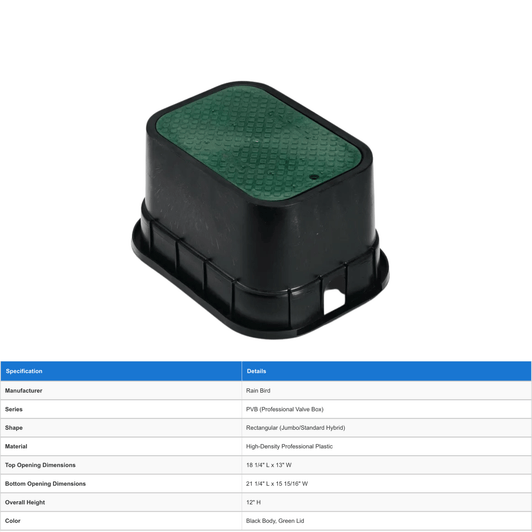 Rain Bird Jumbo Valve Box shown with detailed technical specifications table MPN: PVBJMB