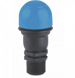 Netafim Guardian Air/Vacuum Relief Vent angled view of blue cap and threaded base