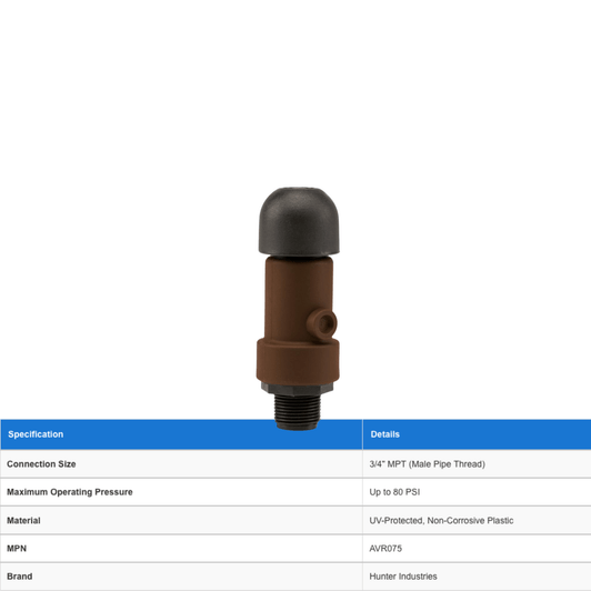 Hunter Air/Vacuum Relief Valve shown with technical specifications table MPN: AVR075