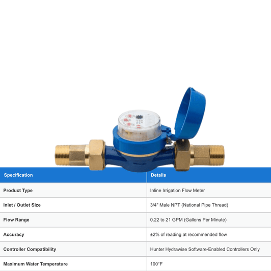 Hunter HC Flow Meter showing detailed product specifications table MPN: HC075FLOW