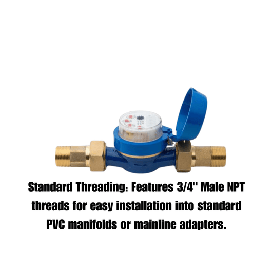 Hunter HC Flow Meter infographic highlighting 3/4 inch NPT threads MPN: HC075FLOW