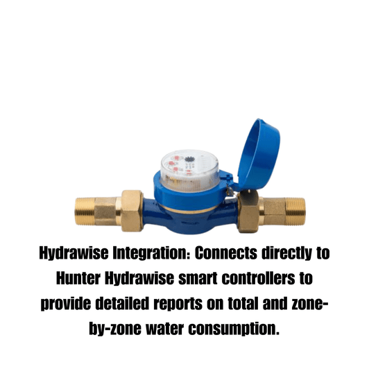 Hunter HC Flow Meter infographic showing Hydrawise smart integration MPN: HC075FLOW