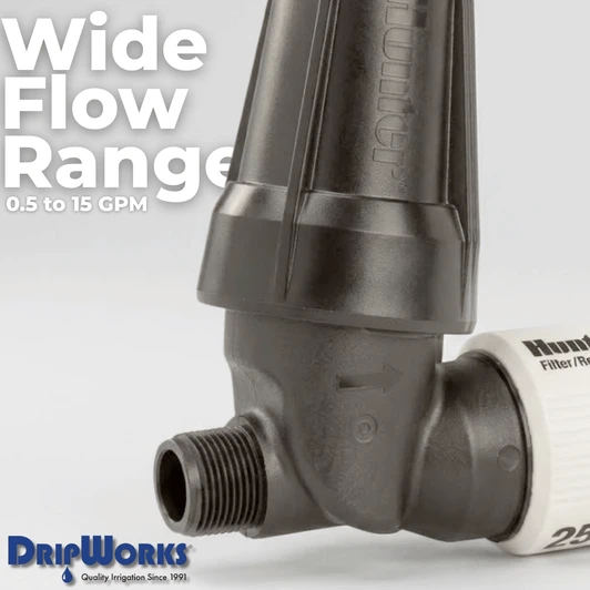 Hunter 3/4" Filter Regulator Combo wide flow range graphic MPN: HFR-075-25