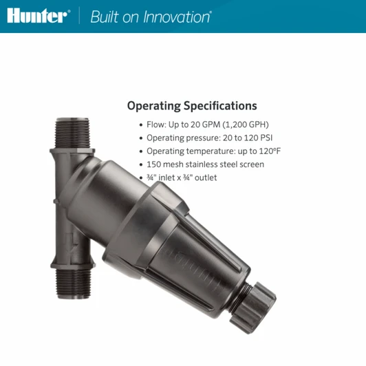 Hunter 3/4" Y-Filter operating specifications graphic MPN: HY-075