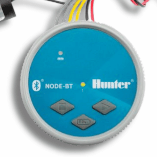 Top-down view of Hunter NODE Bluetooth battery controller face showing control buttons