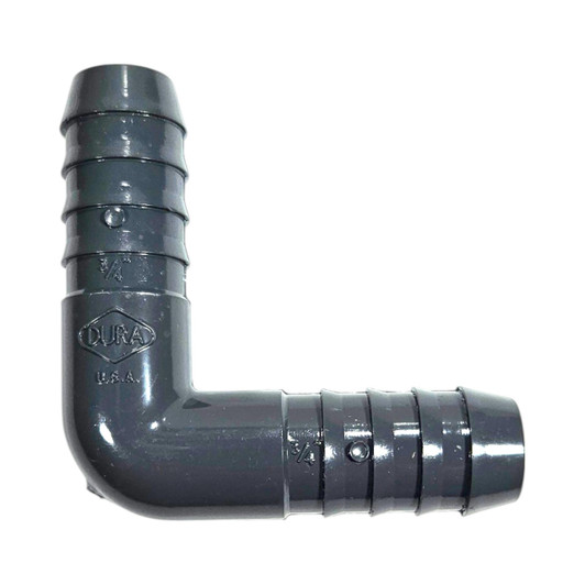 This versatile Dura 3/4" Schedule 40 Barbed Elbow (MPN 1406-007) is essential for navigating corners and routing 3/4" poly tubing around obstacles in garden and landscape projects.
