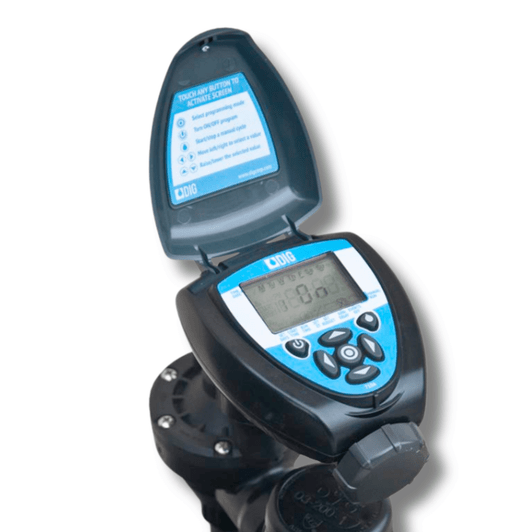 DIG 710A Battery Controller mounted on a black inline irrigation valve MPN: 710A-000