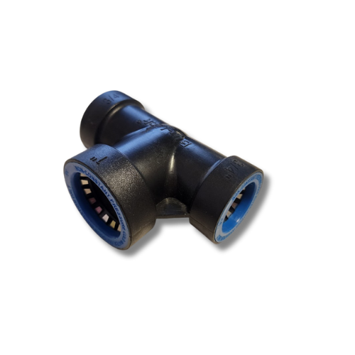 An angled photo of the 1" x 3/4" Blu-Lock Bull Tee (BL-401-102), a reducing fitting for irrigation lines.