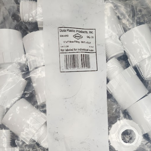 Bulk package of 25 Dura 1" x 3/4" MHT Adapters in clear plastic bag