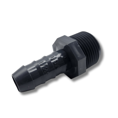 Informational graphic for Dura Barbed Male Pipe End showing connection to poly tubing MPN: 1436-101