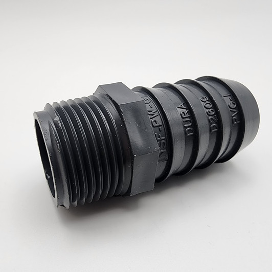 Close-up of 3/4 inch male threads on Dura 1436-102 Barb Adapter MPN: 1436-102