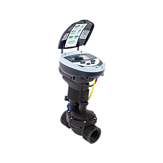 Galcon DC-1BT Bluetooth Controller with open lid mounted on inline valve