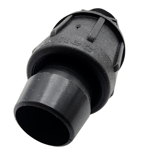 Irritec Easy Loc Male Hose End, high-angle view showing the barb and poly tubing inlet MPN: ELMH34
