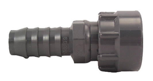 A Dura Schedule 40 Manifold to 3/4" Barb Adapter, MPN 335-007. This specialty fitting is designed to connect 3/4" poly tubing directly to a Dura irrigation manifold port.
