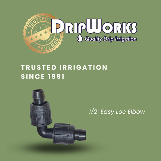DripWorks brand graphic for Irritec 1/2" Easy Perma-Loc Elbow for drip systems MPN: A1-HE66