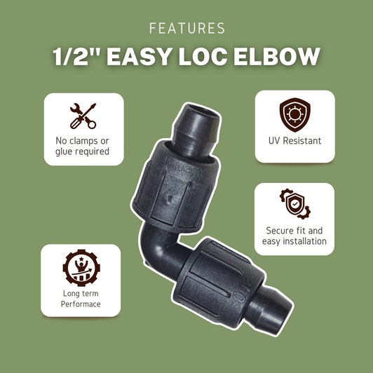 Irritec 1/2" Easy Perma-Loc Elbow angled view showing locking nuts and 90-degree bend MPN: A1-HE66