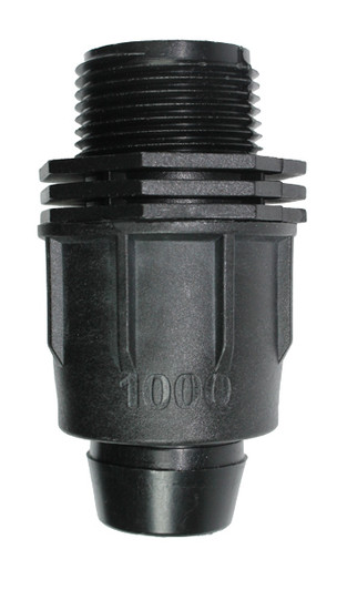 Irritec Easy Loc MPT Adapter, vertical close-up highlighting the 1-inch locking nut and male pipe threads MPN: EL1MP1