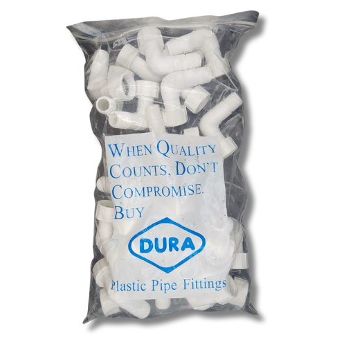 Bulk package of Dura 3/4" FHT Swivel x 1/2" MPT Elbows in clear bag MPN: 513-005