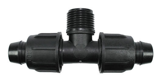 Irritec Easy Loc Male Tee, flat view of black 3-way fitting with central male pipe threads MPN: ELMT34