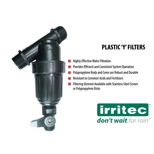 Irritec Pipe Thread Y-Type Filter application and features infographic