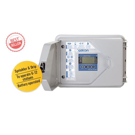 Galcon 6259S 9-Station Controller open lid with yellow informational sticker MPN: GAD7S0002S4