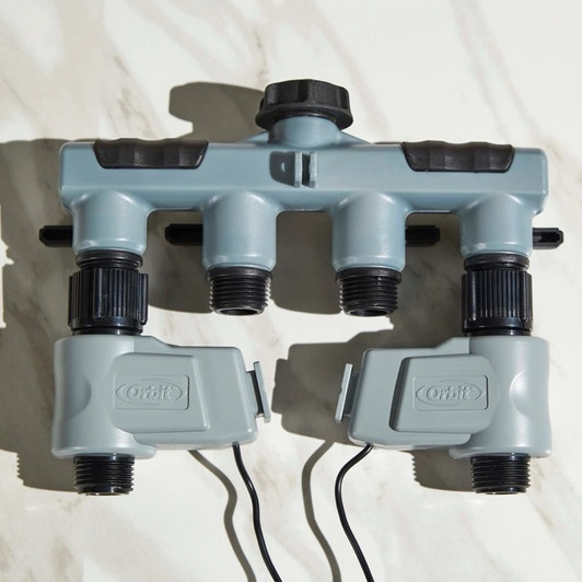 Orbit 4-Port Hose Timer System showing manifold and two valves MPN: 58911