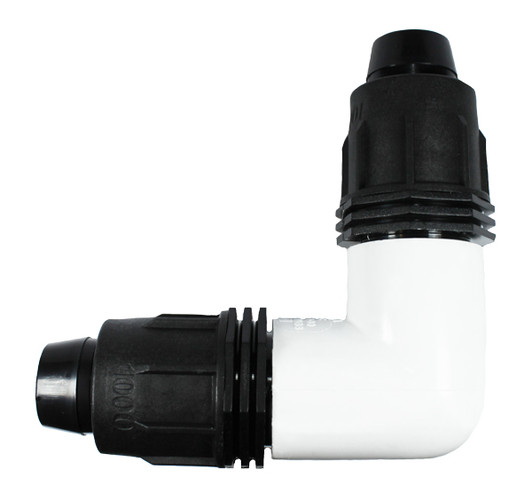 Irritec Easy Loc Elbow, flat view of 1-inch 90-degree fitting with white PVC center and black adapters MPN: ELL1