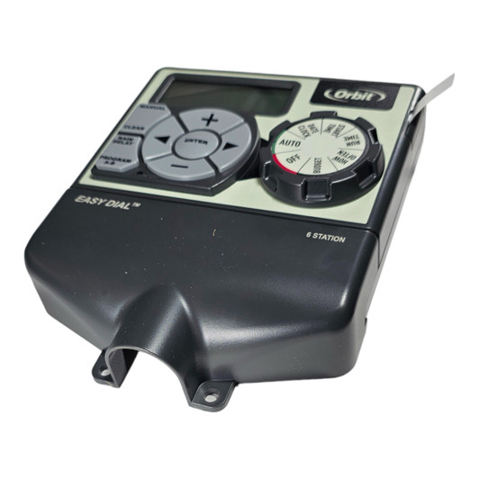 Orbit Easy Dial 6-Station Controller angled view of grey housing MPN: 28966