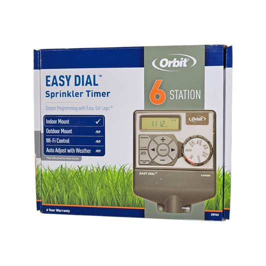 Orbit Easy Dial 6-Station Controller in blue retail packaging box MPN: 28966