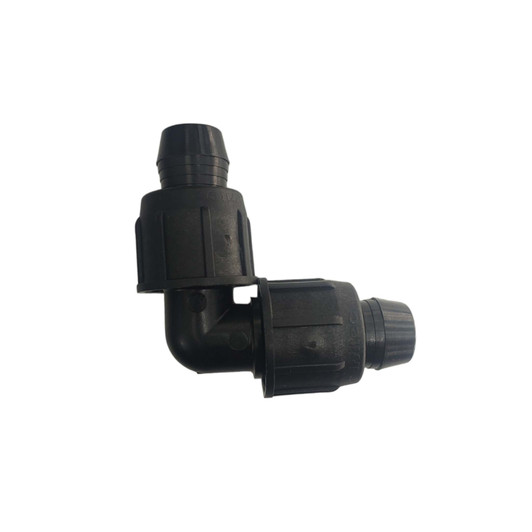 Irritec Easy Loc Elbow, angled view of black 90-degree irrigation fitting MPN: ELL34