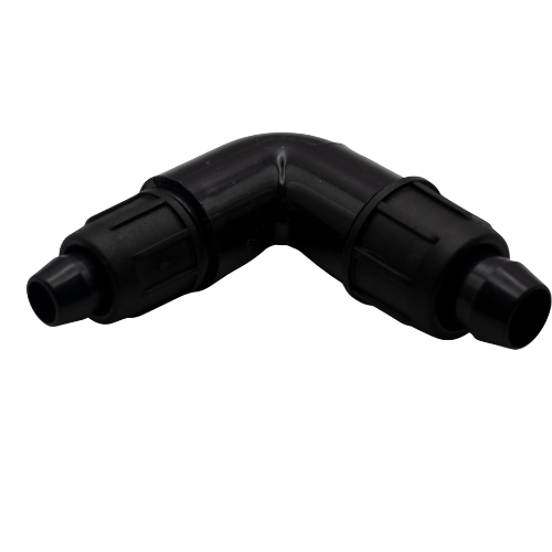 Irritec Easy Loc Reducing Elbow, high-angle perspective of black step-down fitting MPN: ELRL