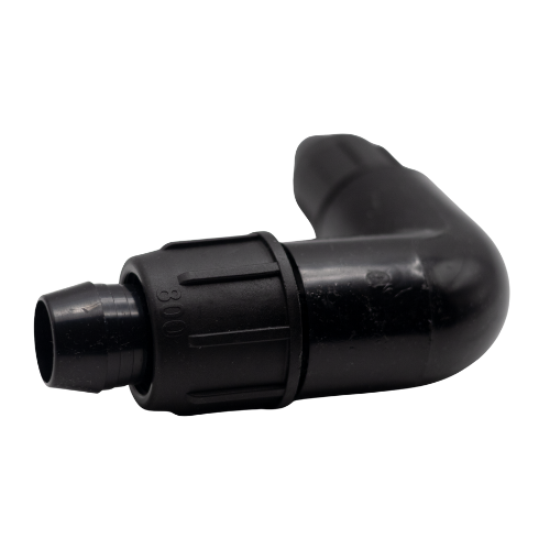 Irritec Easy Loc Reducing Elbow, horizontal profile focusing on the 3/4 inch inlet MPN: ELRL