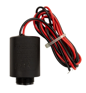 Galcon 2-Wire DC Solenoid with red and black wires profile view