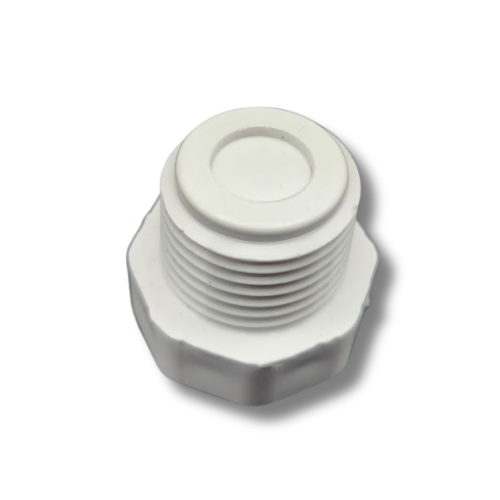 Dura 1" MPT PVC Plug top-down view of the sealed plug head MPN: 450-010