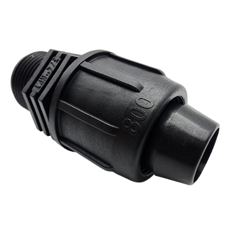 Irritec Easy Loc 3/4" MPT Adapter, angled view showing locking nut and male threads MPN: EL34M34