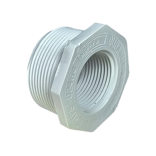 This image highlights the external male pipe threads (MPT) of a Dura Schedule 40 PVC Bushing, which are designed to screw into a larger female-threaded port for a secure, leak-proof seal.