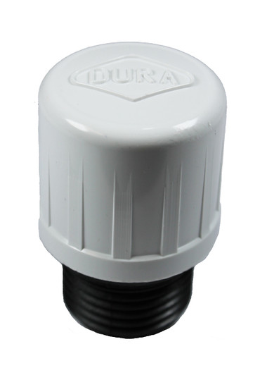 Generic 3/4" Hose Plug, angled close-up showing white ribbed cap and black male threads MPN: HPLUG