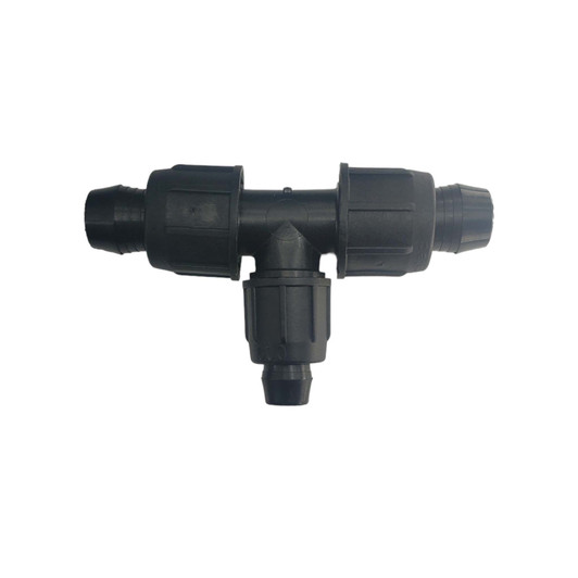 Irritec Easy Loc Reducing Tee, flat view of black 3/4 by 1/2 inch step-down fitting MPN: ELRT
