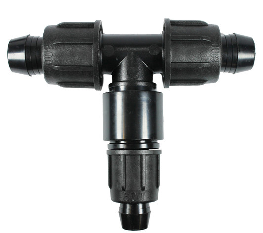 Irritec Easy Loc Reducing Tee, top-down vertical view of 3-way poly tubing connector MPN: ELRT