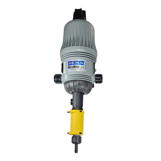 A clean studio shot of the MixRite 2.5 injector, model 577IN, with its yellow lower assembly.