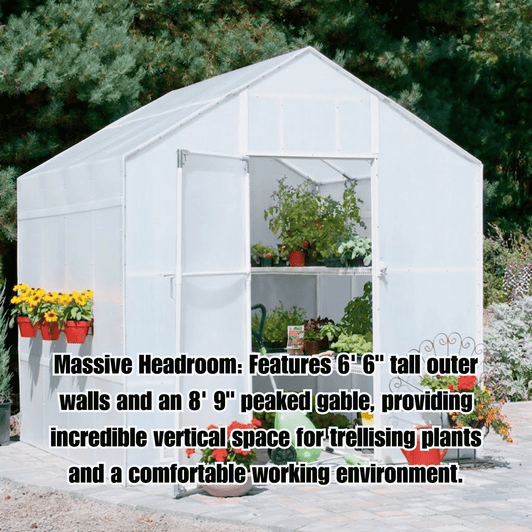 Solexx Garden Master Greenhouse exterior with text overlay regarding massive headroom.