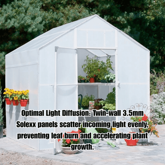 Solexx Garden Master Greenhouse exterior with text overlay regarding optimal light diffusion.