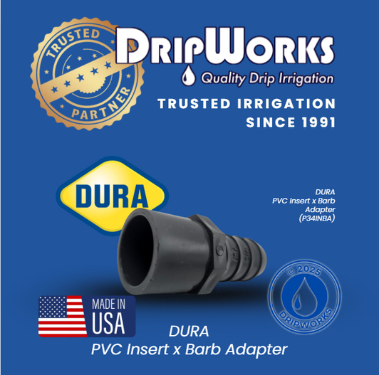 DripWorks and Dura partnership graphic displaying 2" PVC Insert x Barb Adapter MPN: 1429-020 and Dura partnership graphic displaying 3/4" PVC Insert x Barb Adapter MPN: 1429-007