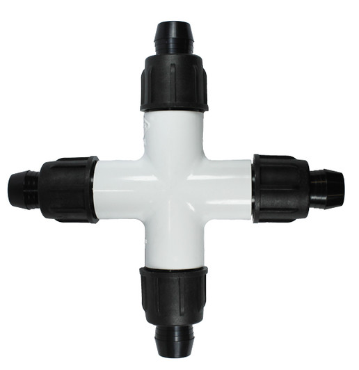 Irritec Easy Loc Cross, flat top-down view of 4-way irrigation fitting with white PVC center MPN: ELX34