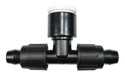 Irritec Easy Loc 1/2" FPT Tee, flat profile view of black 3/4 inch fitting with central threaded branch MPN: EL12FT34