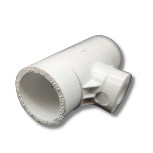 An angled view of the Dura 1/2" x 1/8" misting nozzle adapter tee (MPN 402-071). Its Schedule 40 PVC construction ensures durability in greenhouse, patio, and industrial fogging setups.